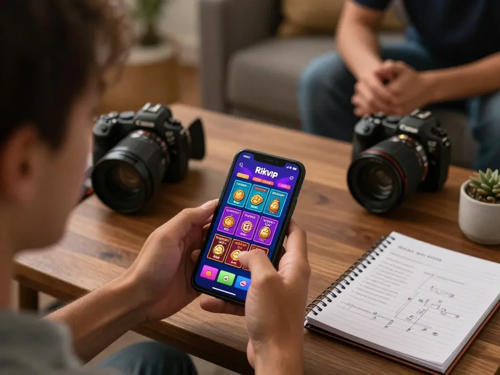 Player enjoying Rikvip app on smartphone during cozy home gaming session