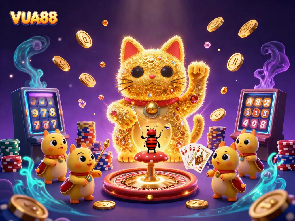 Experience the vibrant world of VUA88 with a stunning lucky cat surrounded by casino symbols.