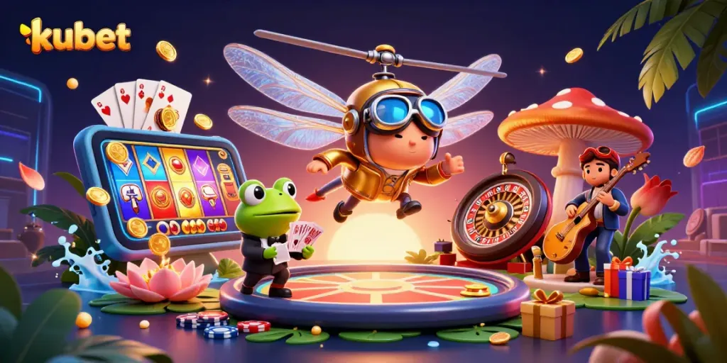 Engage in thrilling casino moments with kubet featuring a dragonfly pilot and frog croupier.