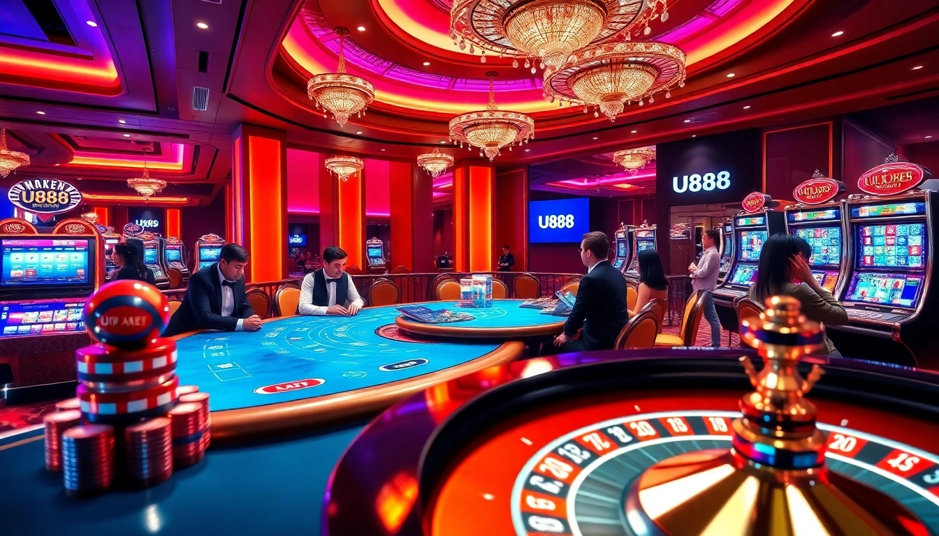 Experience the excitement of U888 with players engaged at a vibrant casino table.