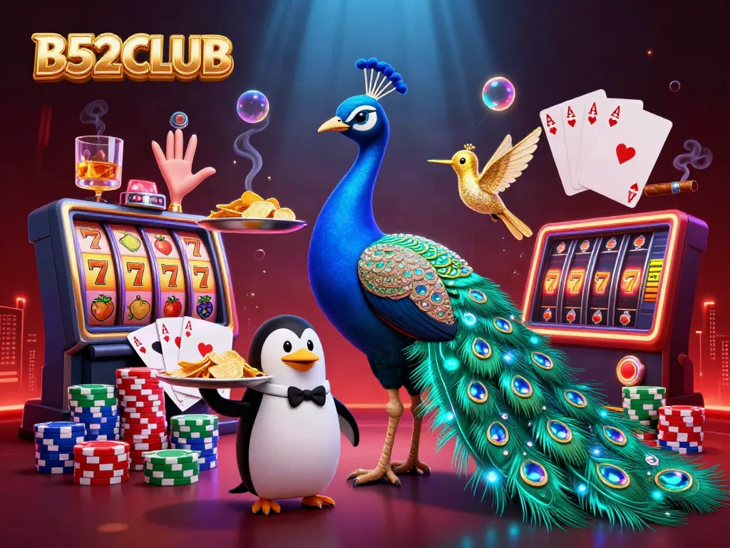 Join B52CLUB's vibrant casino adventure with a dramatic poker table, colorful chips, and unique characters.