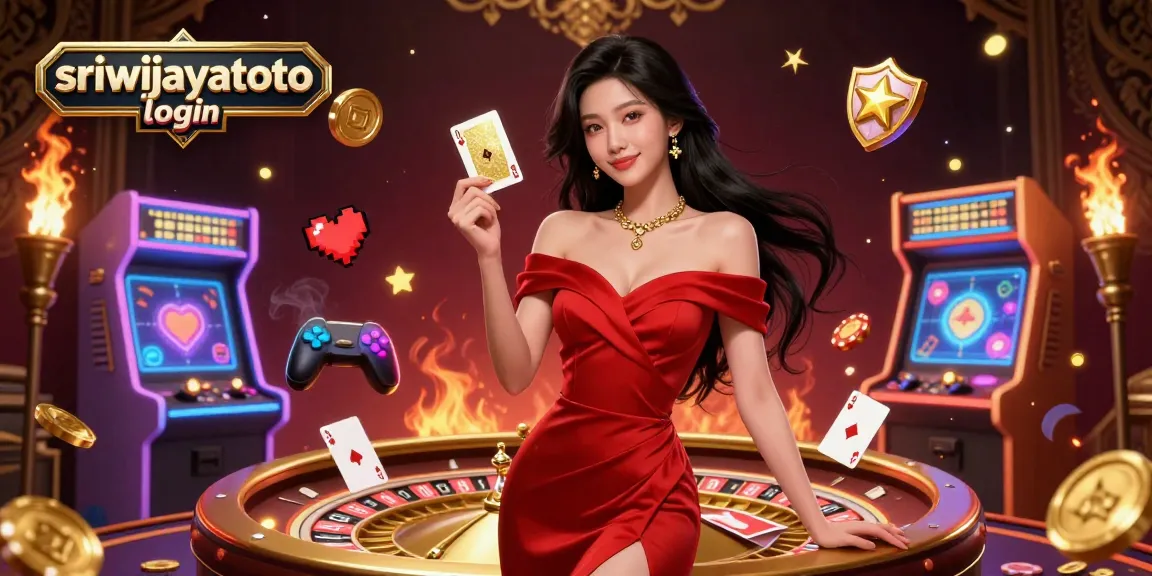 Sriwijayatoto login showcases an elegant Asian woman with a golden playing card at a roulette wheel in a vibrant casino scene.