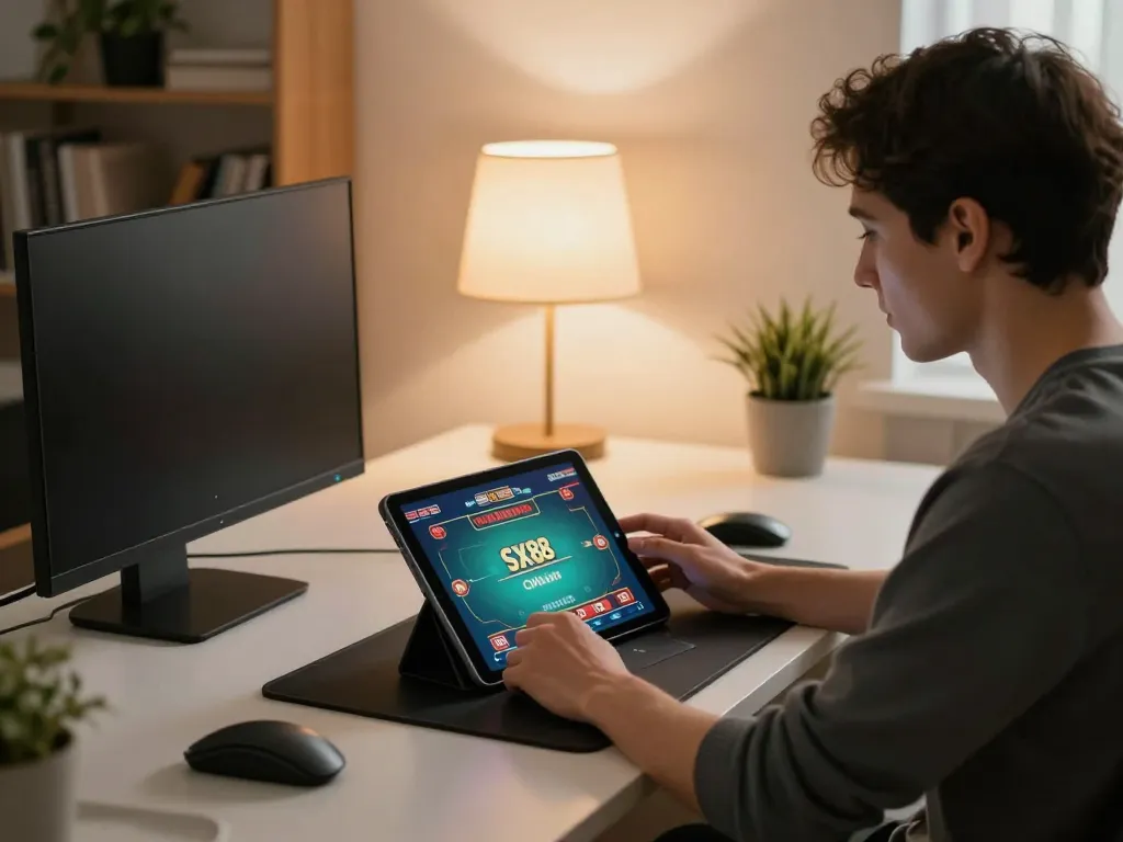 SX88 online casino gaming setup showcasing a player engaged in strategic gameplay.
