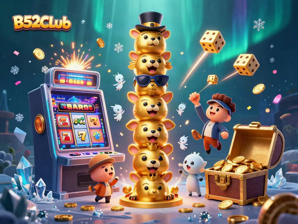 B52CLub jackpot scene featuring a golden totem pole and a slot machine bursting with coins.