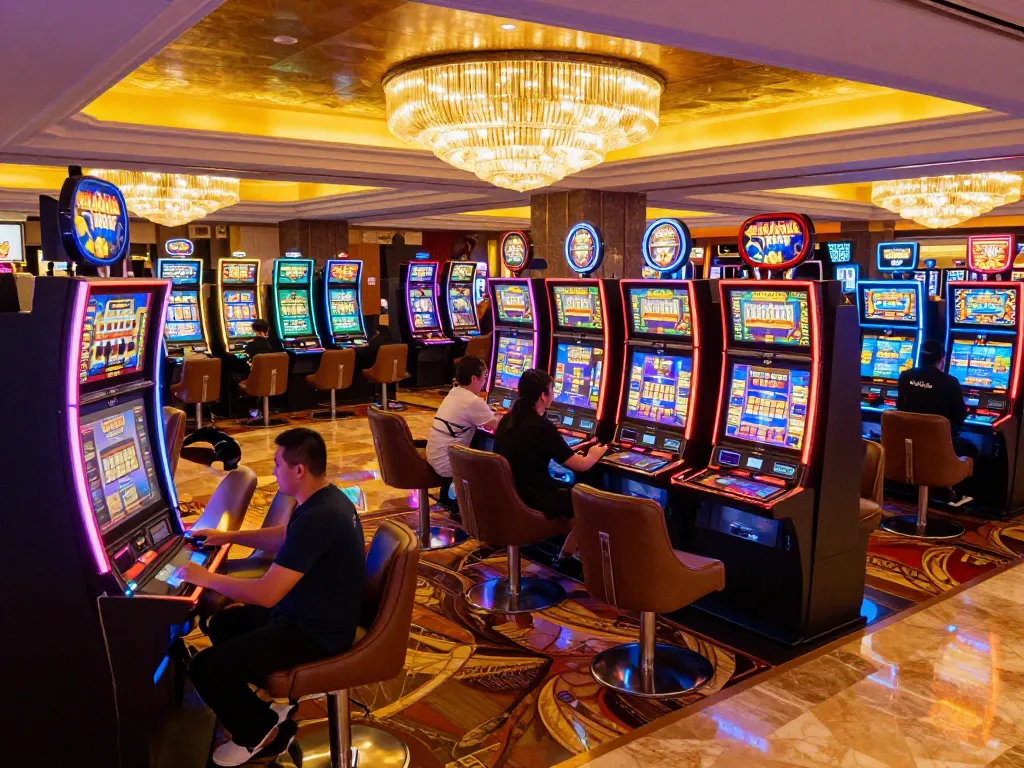 Engaging with thrilling slot machines at 56WIN casino, players enjoy vibrant gaming atmosphere.