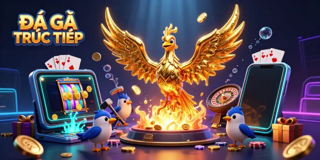 Engage in ĐÁ GÀ TRỰC TIẾP with a captivating illustration of golden coins and dynamic casino elements