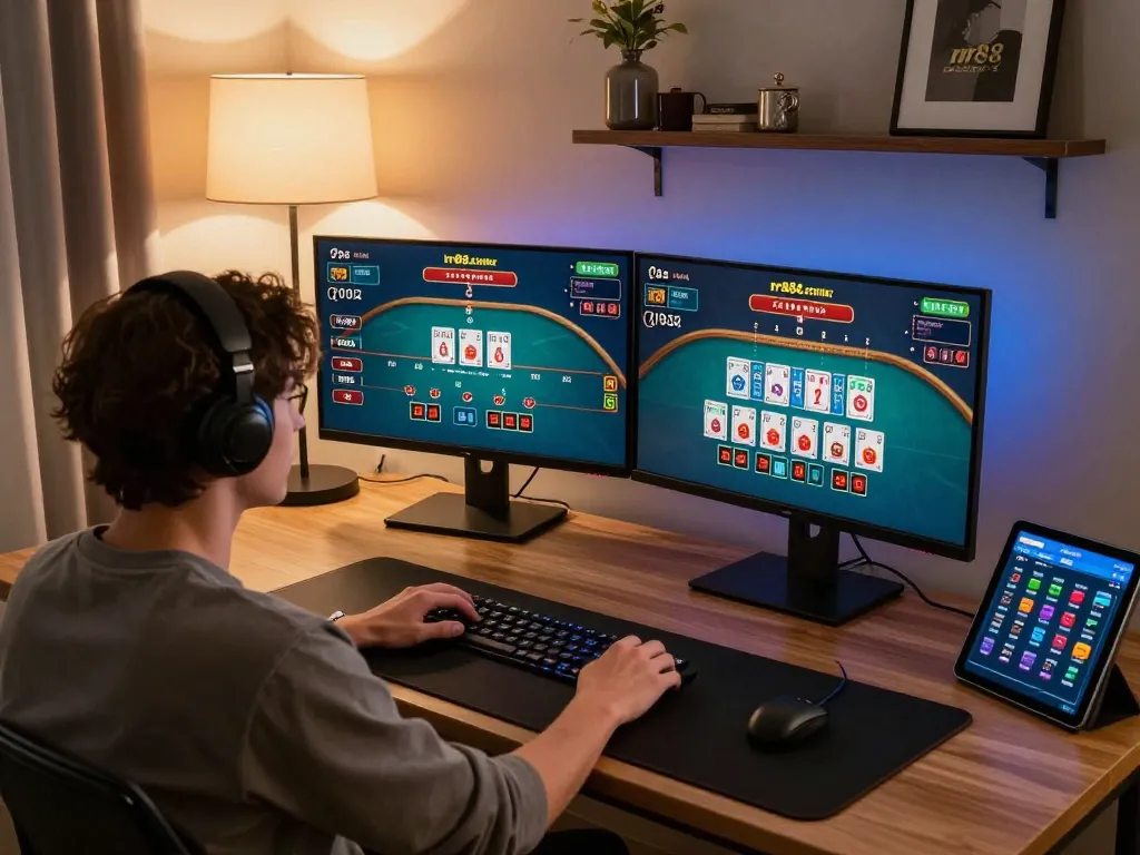 Engaging online gamer experiencing live blackjack at rr88.center with dynamic dual-screen setup