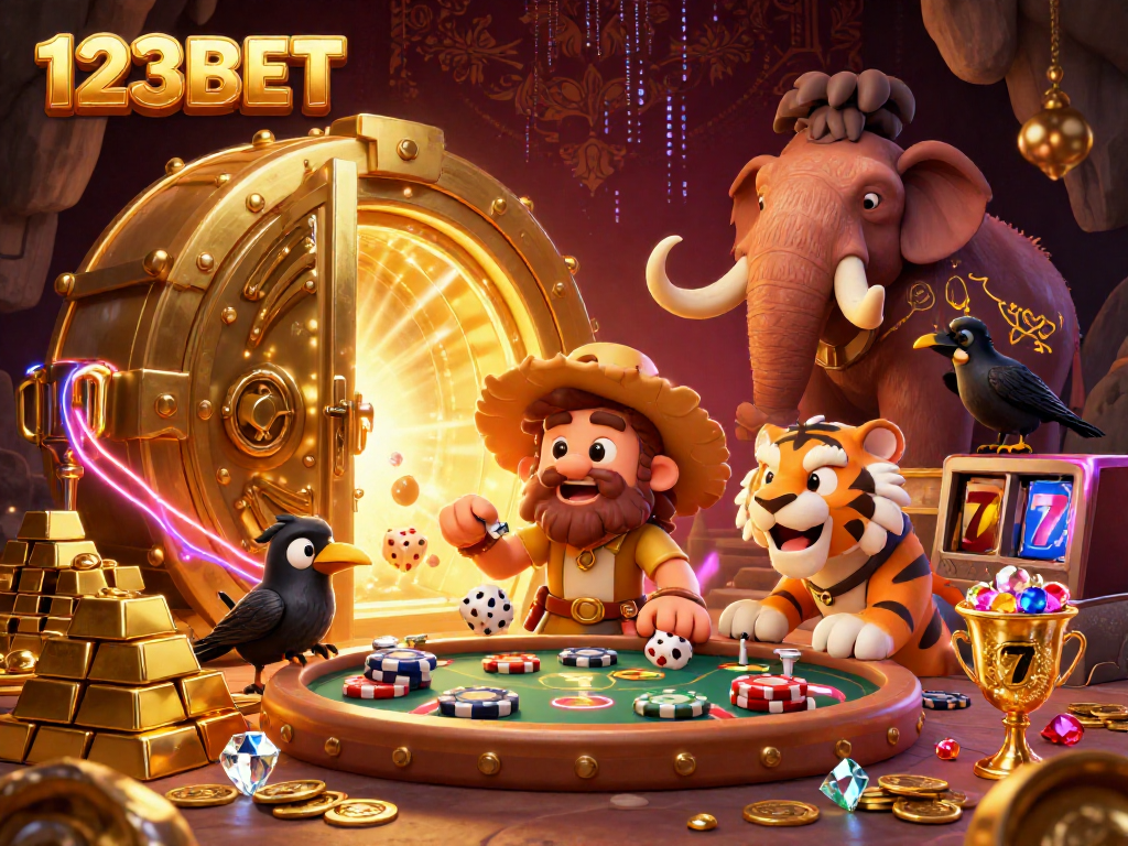Experience thrilling games at 123BET with our dynamic casino scene featuring exciting characters and gold treasures.
