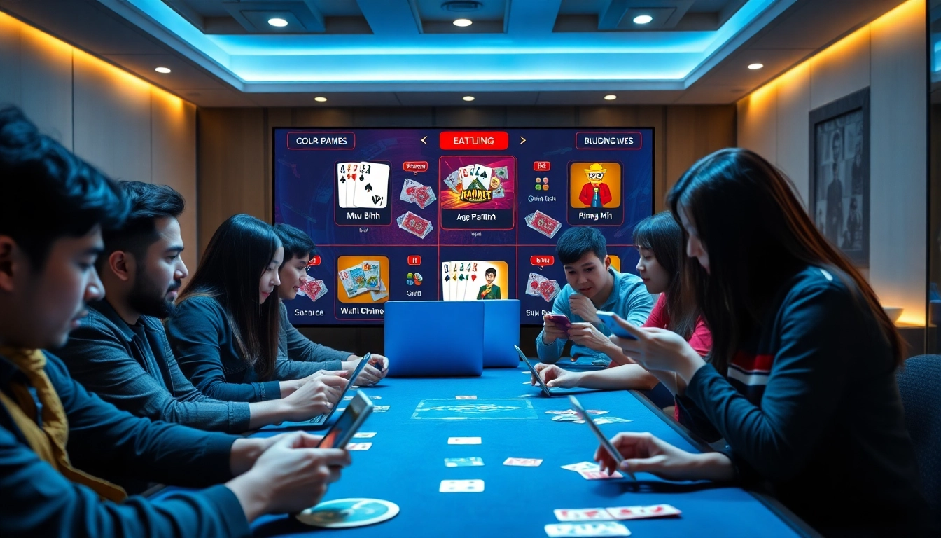 Dynamic gaming scene depicting players enjoying card games at https://go88c1.com/ with exciting smartphone interfaces.