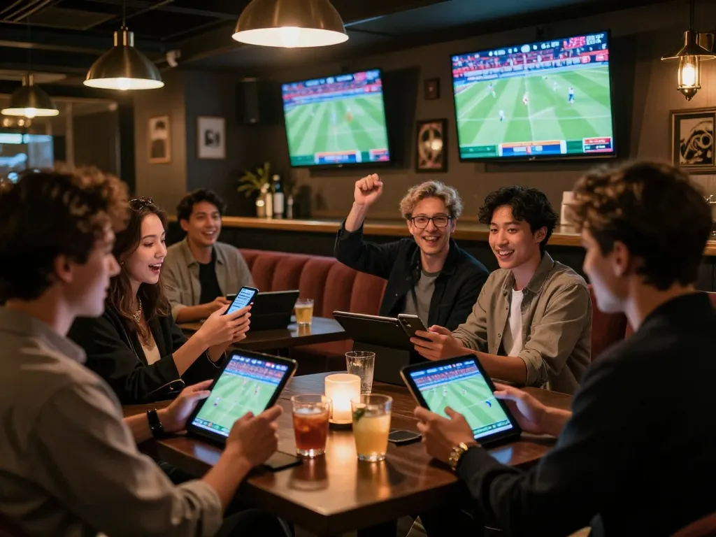 Engaged bettors strategizing during O8 sports events in an upscale bar atmosphere.