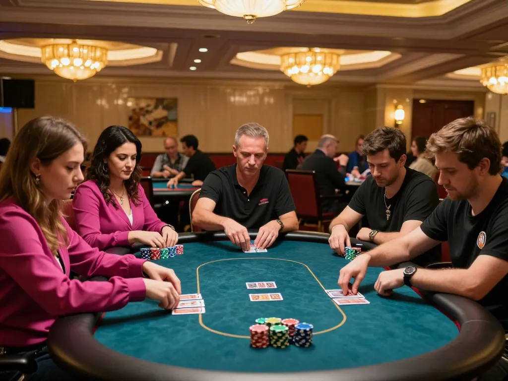 Players engage in intense poker with SC88 chips in a vibrant casino atmosphere.