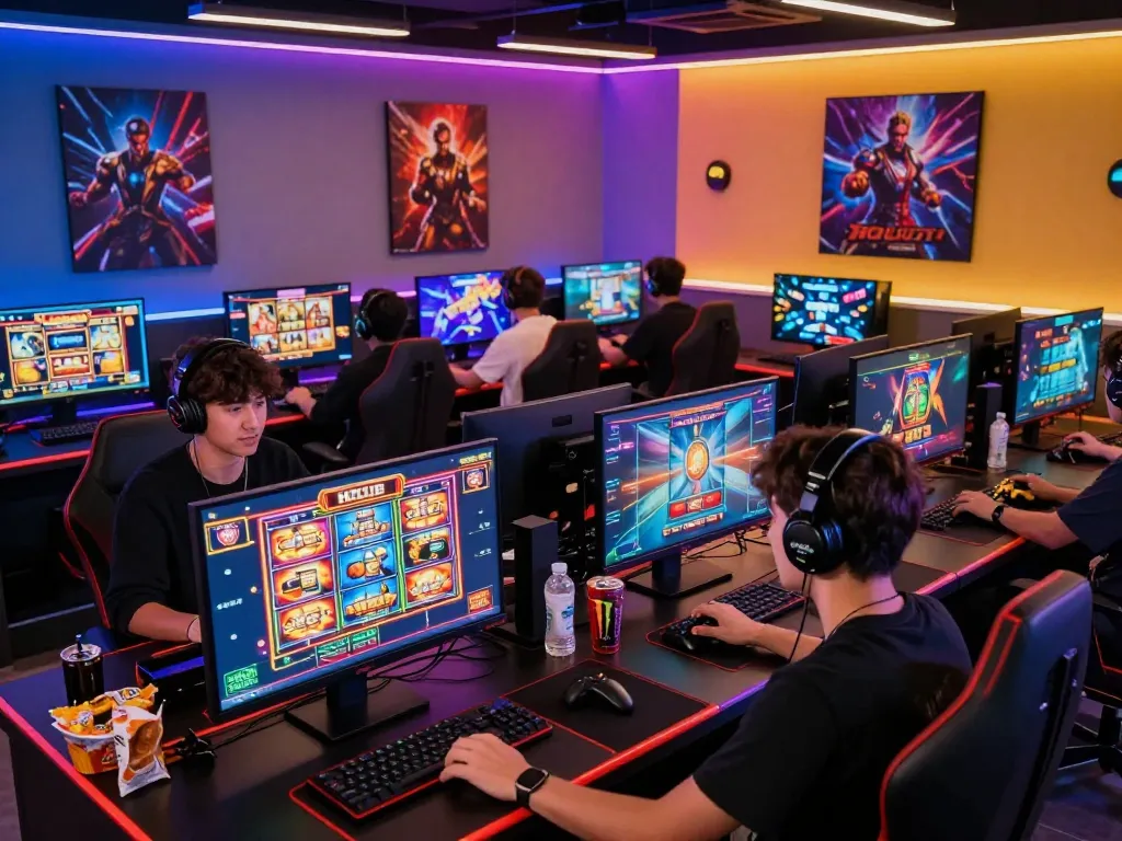 Hitclub online gaming experience with players engaging on multiple devices in a vibrant setting.