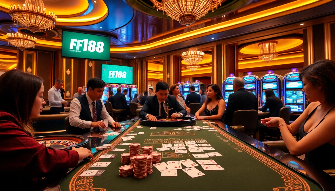 Players enjoying F168 casino games with vibrant cards and chips on an elegant table.