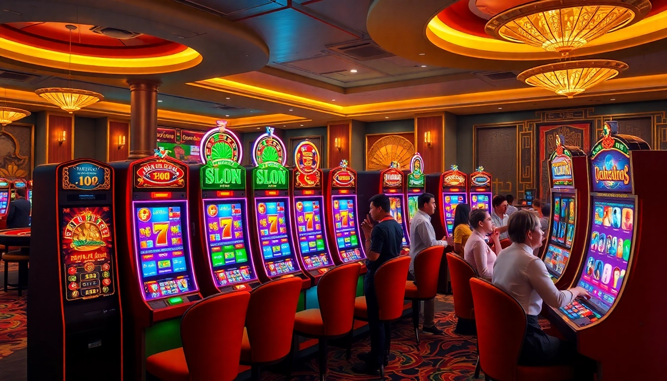 Nổ Hũ Miễn Phí offers an exciting gaming experience with stunning slot machines and vibrant casino lights.
