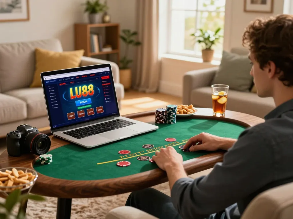 Engaging with online casino action on LU88’s platform while enjoying a cozy home atmosphere.