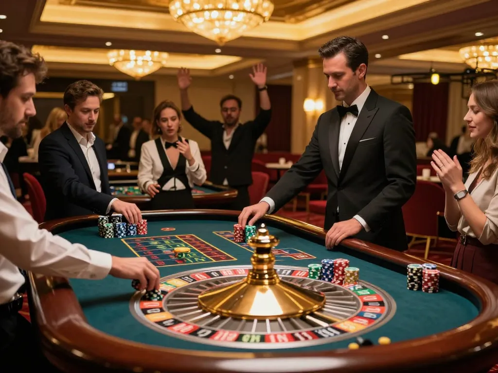Players at 9BET's roulette table celebrate a thrilling win amidst glamorous casino decor
