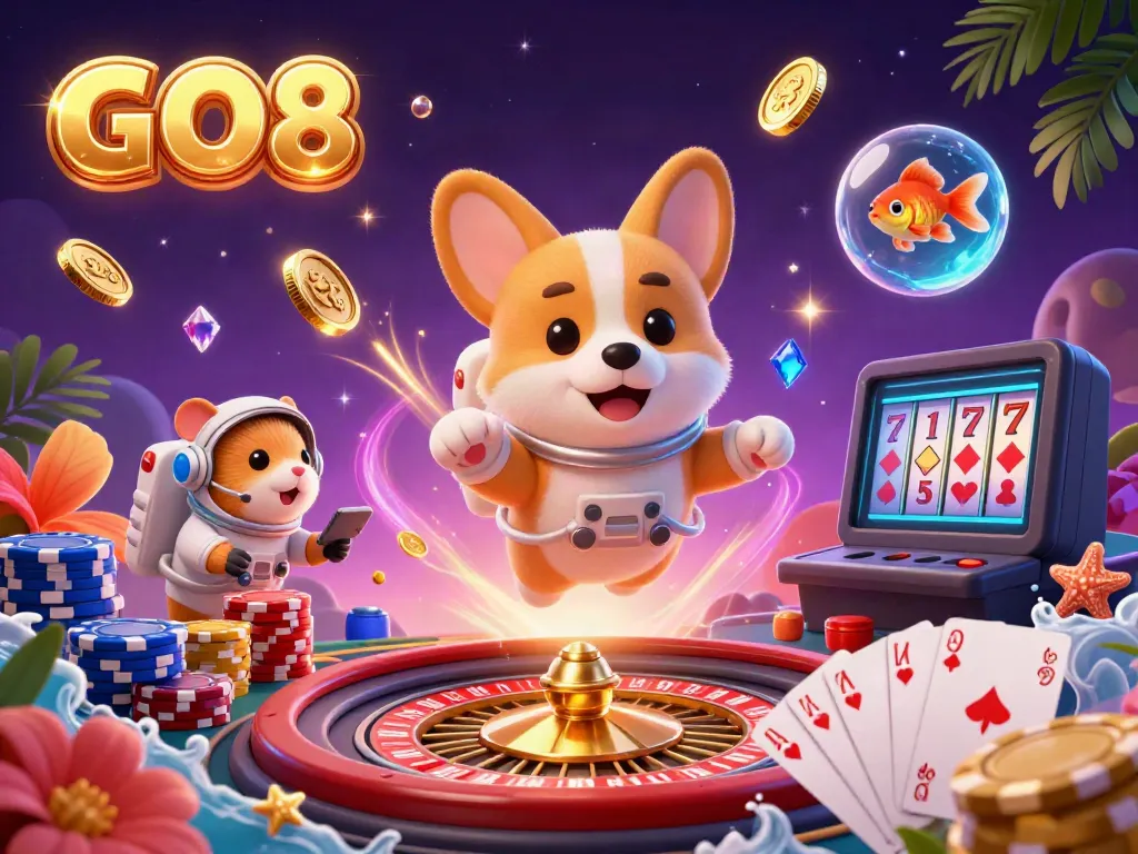 DEPOSIT BONUS gaming thrills at GO8 Casino with a vibrant space-themed illustration of a floating corgi and an instructional hamster.