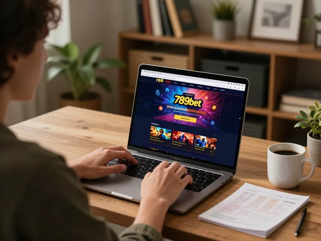 Player engaging in online casino gameplay at 789bet on a laptop, showing a dynamic and focused home environment
