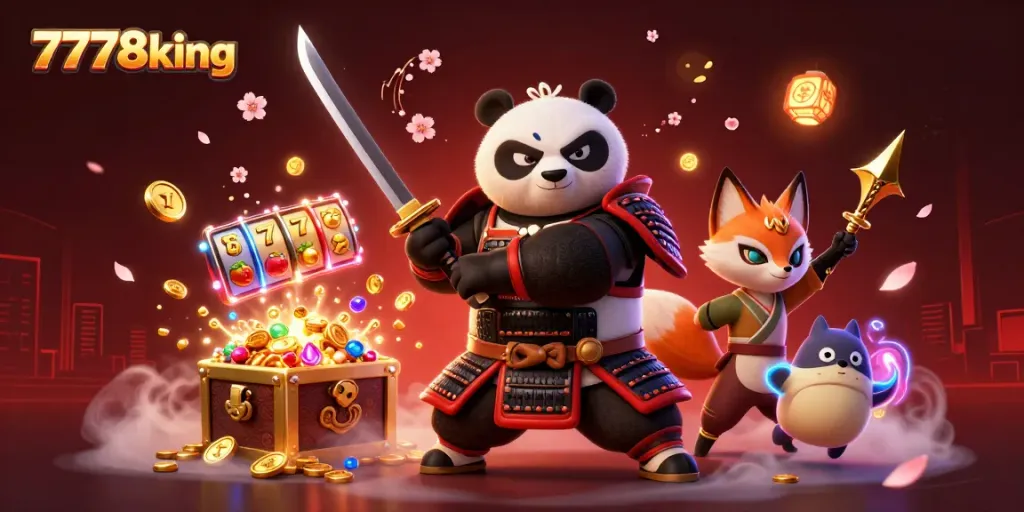 Experience gaming excitement with 7778king as a samurai panda battles alongside colorful slot elements in a rich 3D scene.