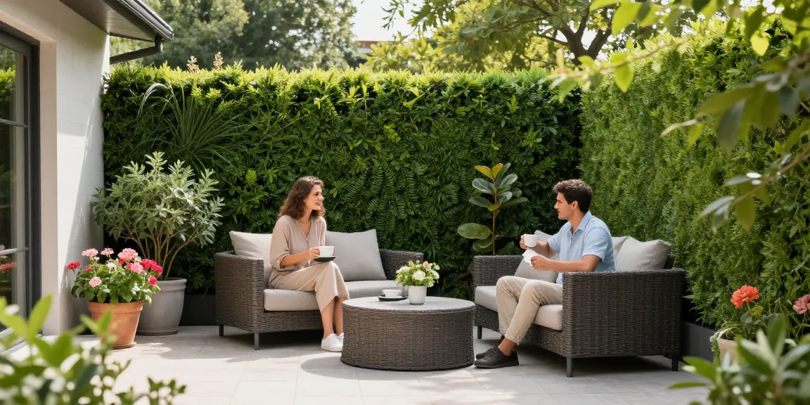 Leafely kunsthagen creëren een serene patio-atmosfeer met weelderig groen.