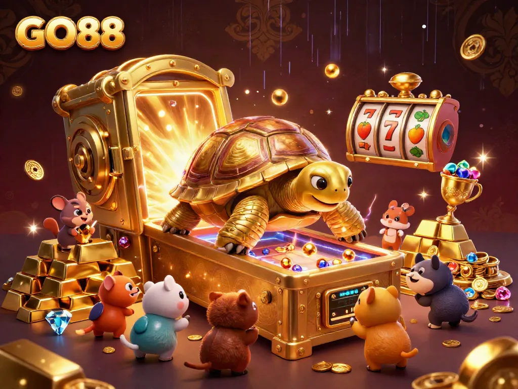Experience the thrill of GO88 with a vibrant illustration of a golden tortoise arcade and treasures.