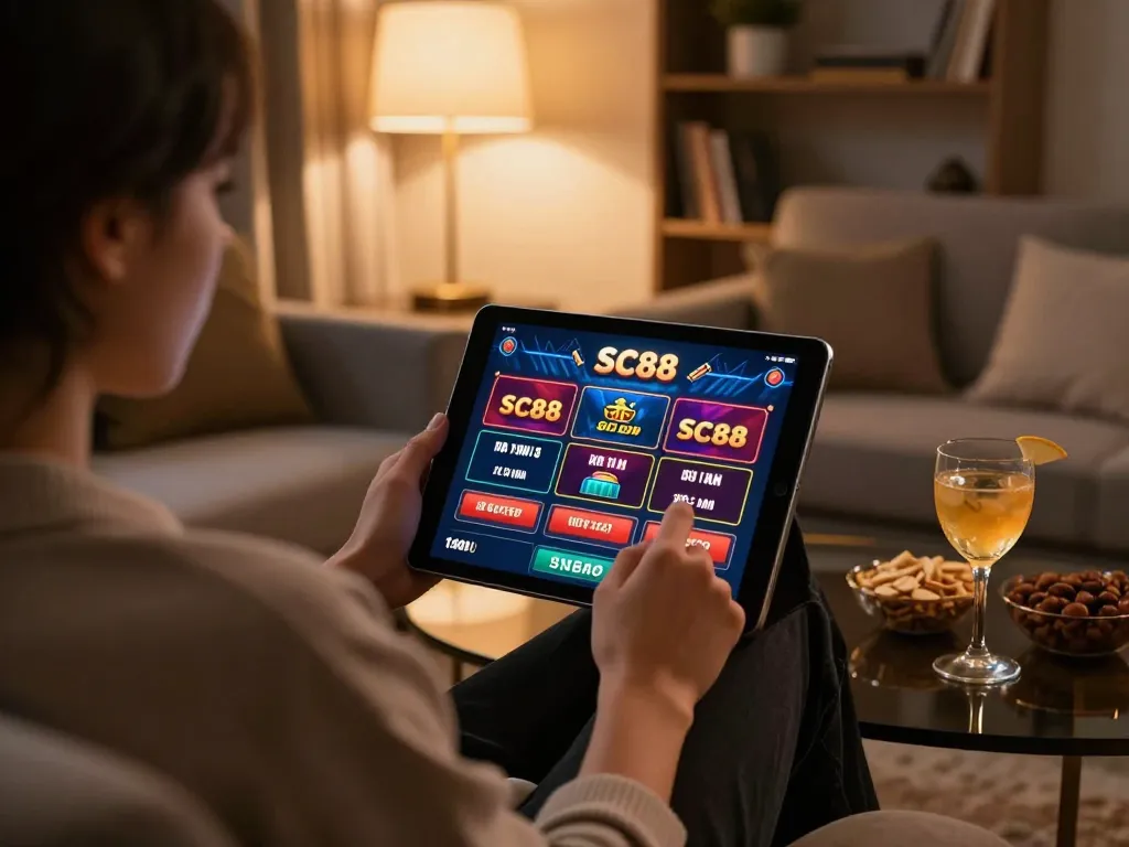 Engaged player exploring SC88 casino app on tablet in cozy home setting, highlighting online gambling experience.