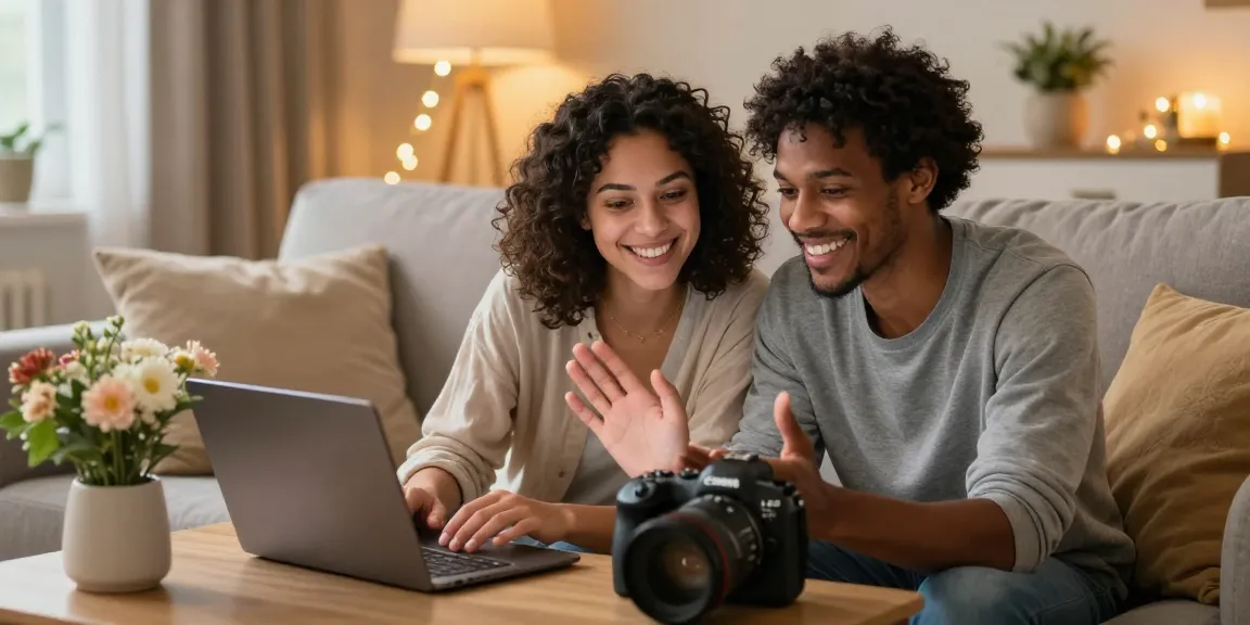 Couple enjoying a video chat on f168 com in a cozy home setting with fairy lights.