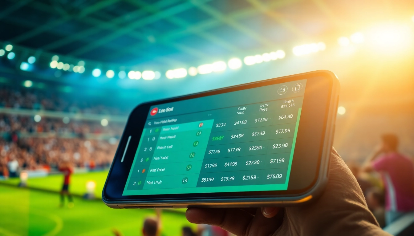 Real-time kèo nhà cái betting odds displayed on a mobile device with a soccer stadium background.