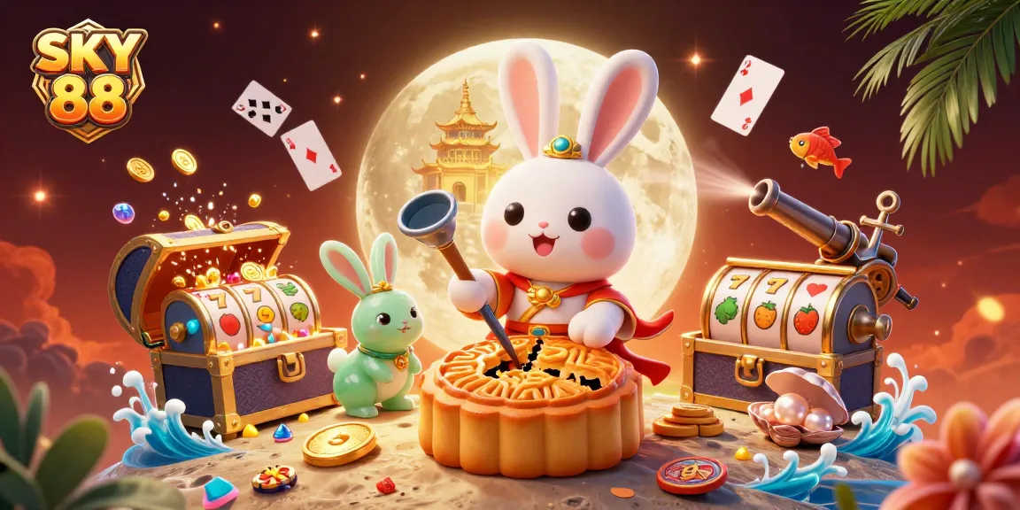 Engage with the thrilling gameplay of SKY 88 as the playful moon rabbit interacts with rich casino elements.