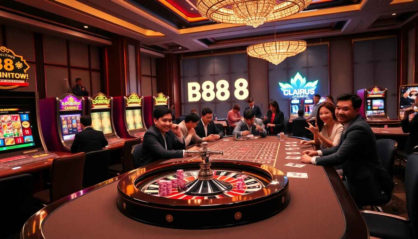 BJ88 interactive casino environment with players enjoying games, showcasing excitement and luxury.