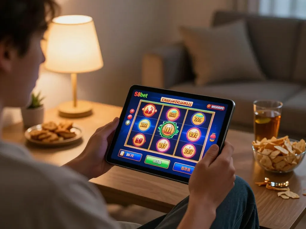 Engaged player enjoying s8bet on a tablet at home with snacks, showcasing the online gaming experience.