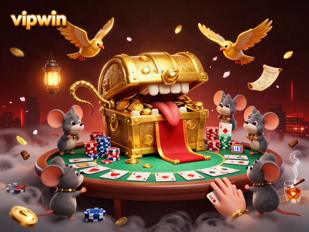 Engage with vipwin's dynamic casino experience featuring a treasure chest luring adventurers with poker action.
