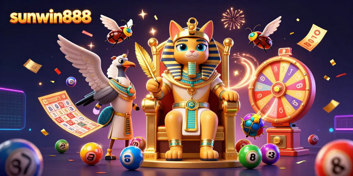 Engage with dynamic lottery elements around the sunwin888 pharaoh cat in a vibrant, festive casino scene.
