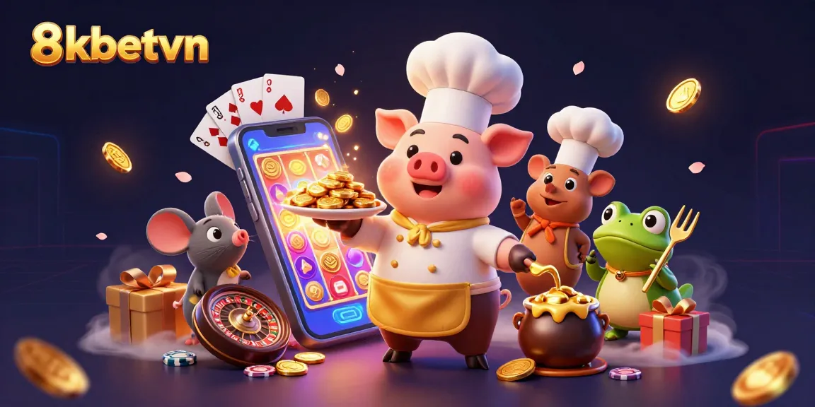 Engage in action at 8kbetvn with a vibrant casino scene featuring characters and gaming elements.