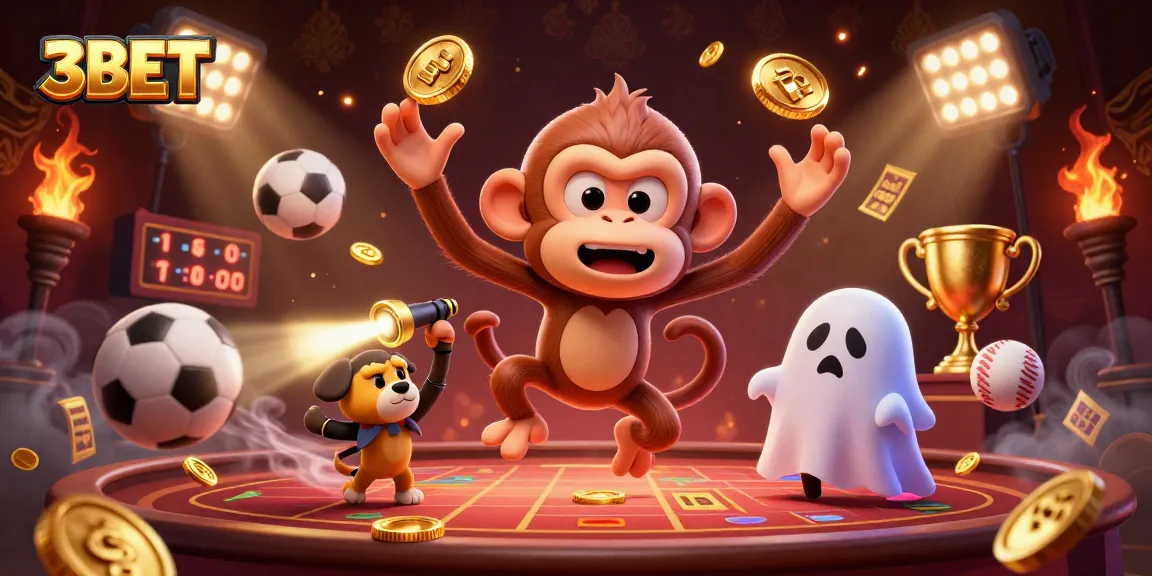 Experience thrilling action at 3BET with a lively scene of gold coins, juggled by a mischievous monkey.