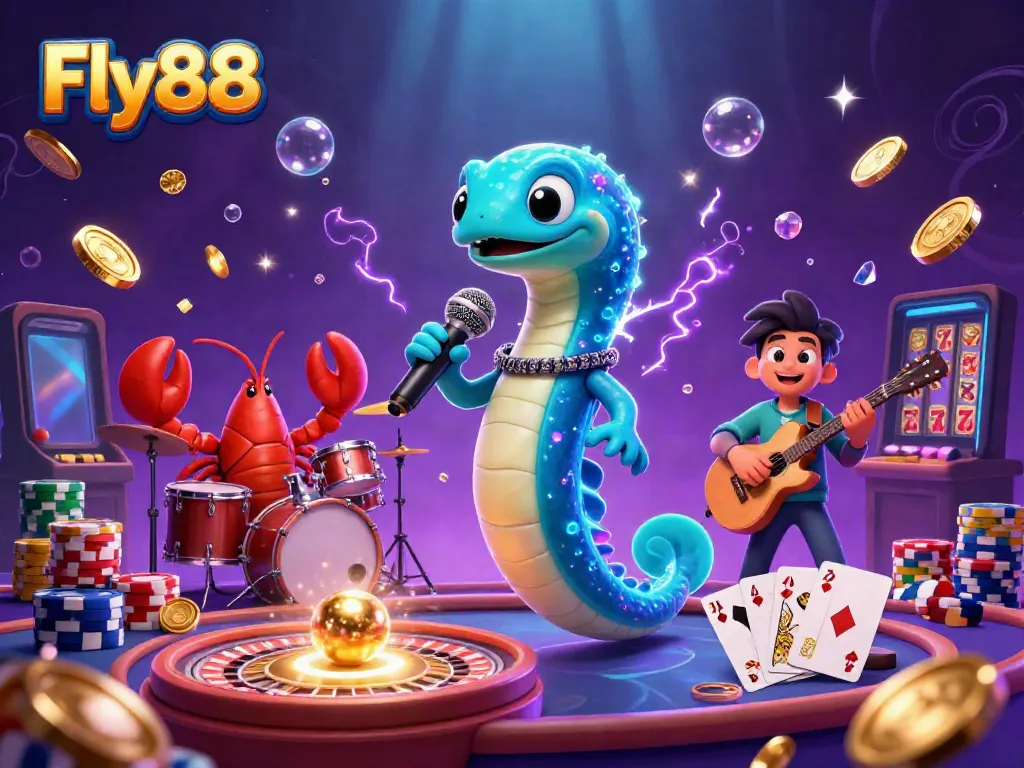 Fly88 showcases an energetic underwater casino scene featuring a DJ eel, drummer lobster, and guitarist seahorse, captivating players.