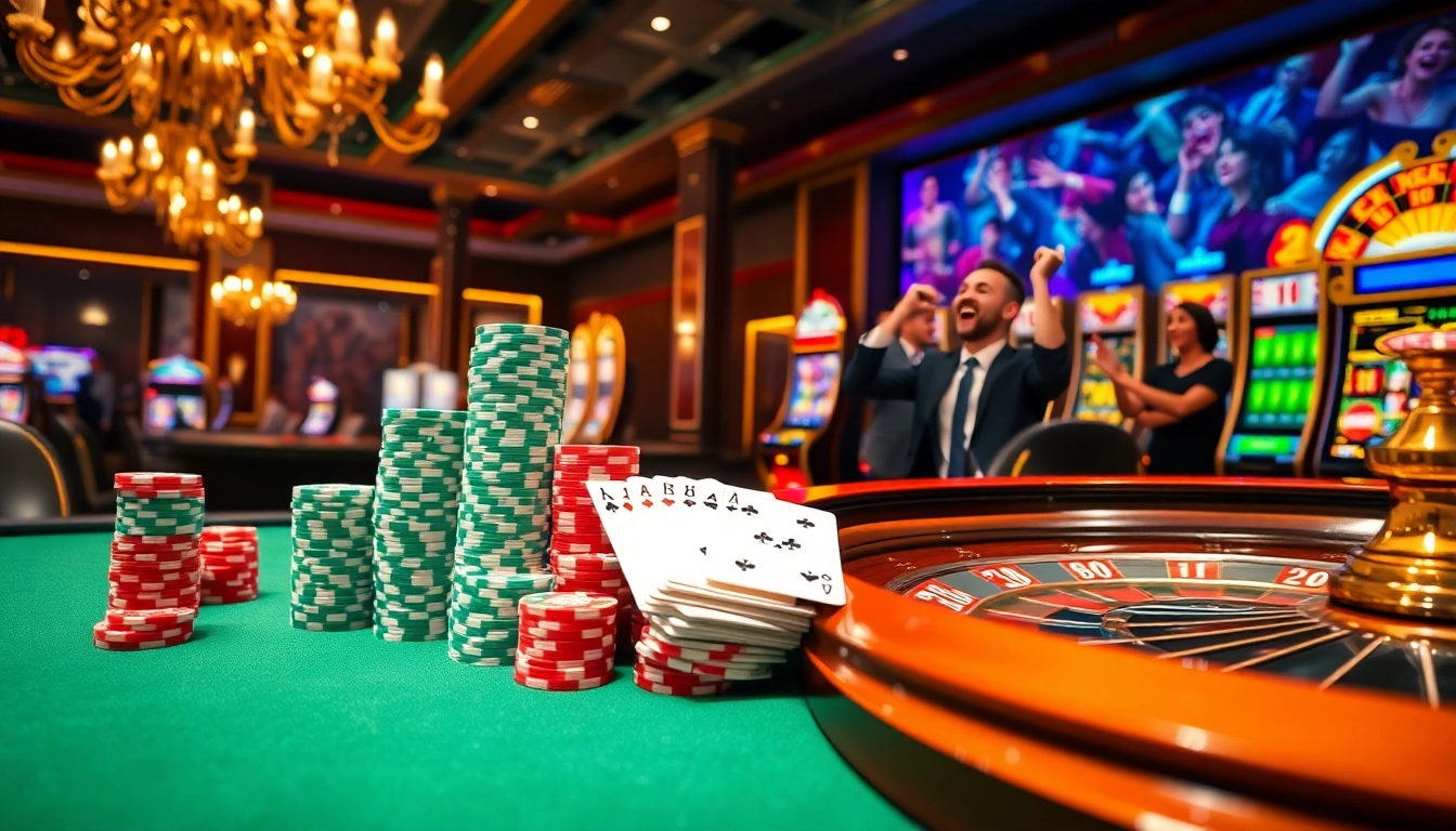 Excited gamblers enjoying games at vin88 nhà cái casino with vibrant tables and roulette.