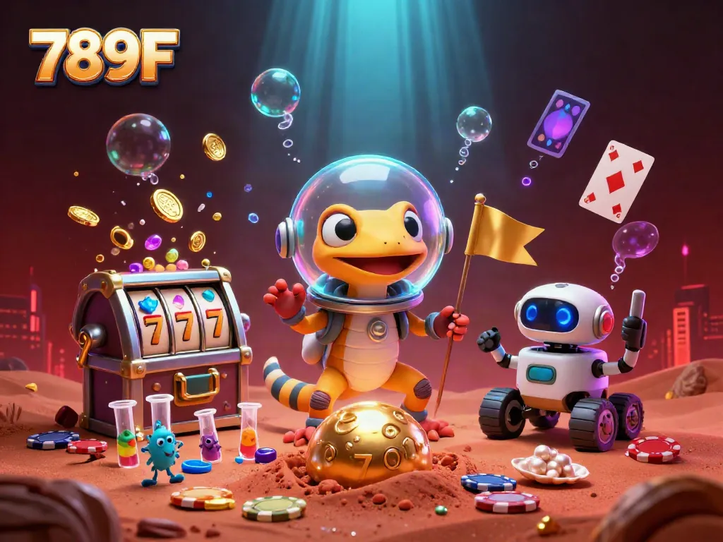 Experience the excitement of 789F with a Martian gecko discovering a vibrant casino environment.