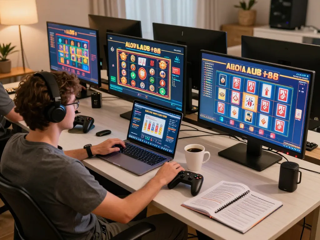 Player immersing in ALO8 online gaming experience at cozy home setup