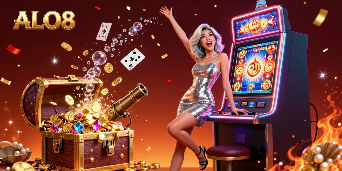 Experience the excitement of ALO8 with thrilling jackpot celebrations amidst vibrant casino elements.