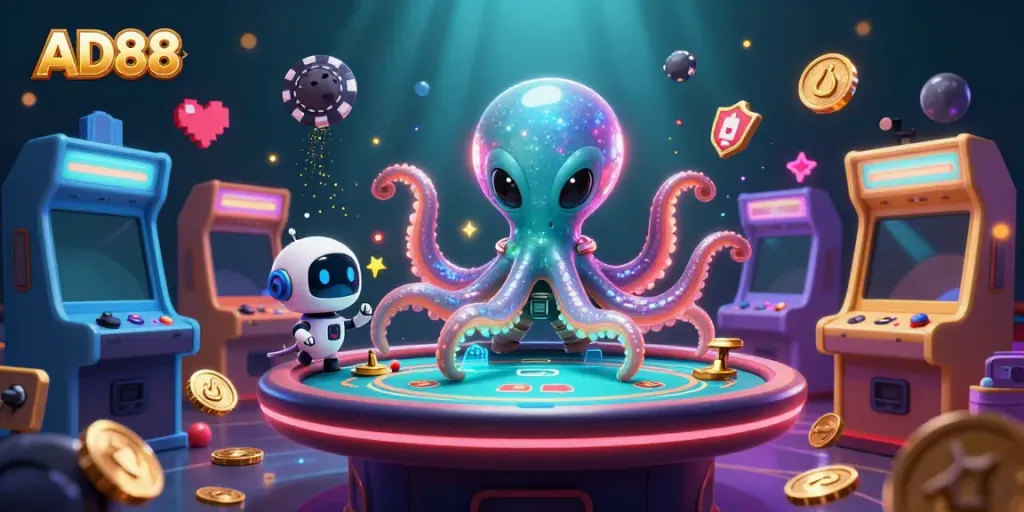 Experience AD88 adventure through a cosmic poker showdown with an alien octopus and its robot friend.