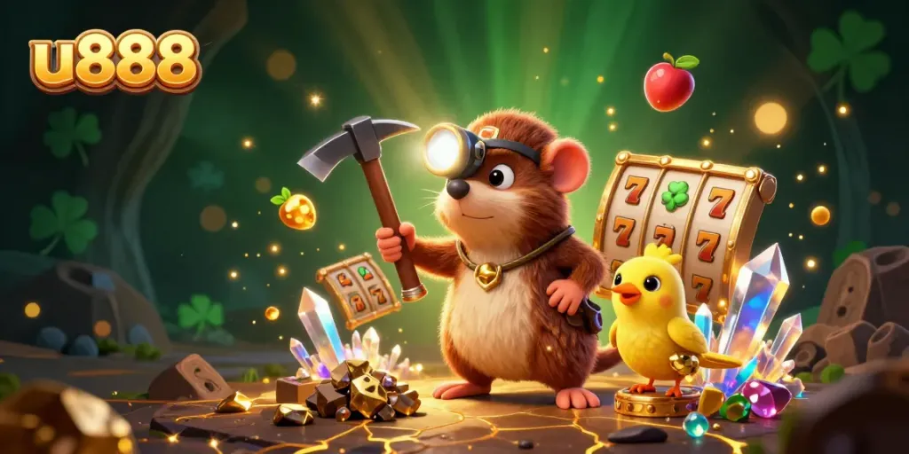 Experience the excitement of U888 with a treasure-hunting mole discovering slots and jackpots!