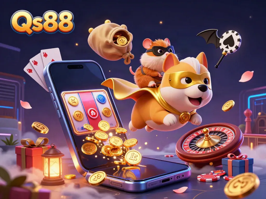 Experience the thrill of Qs88 with a 3D cartoon dog superhero flying and delivering wins in a vibrant casino world.
