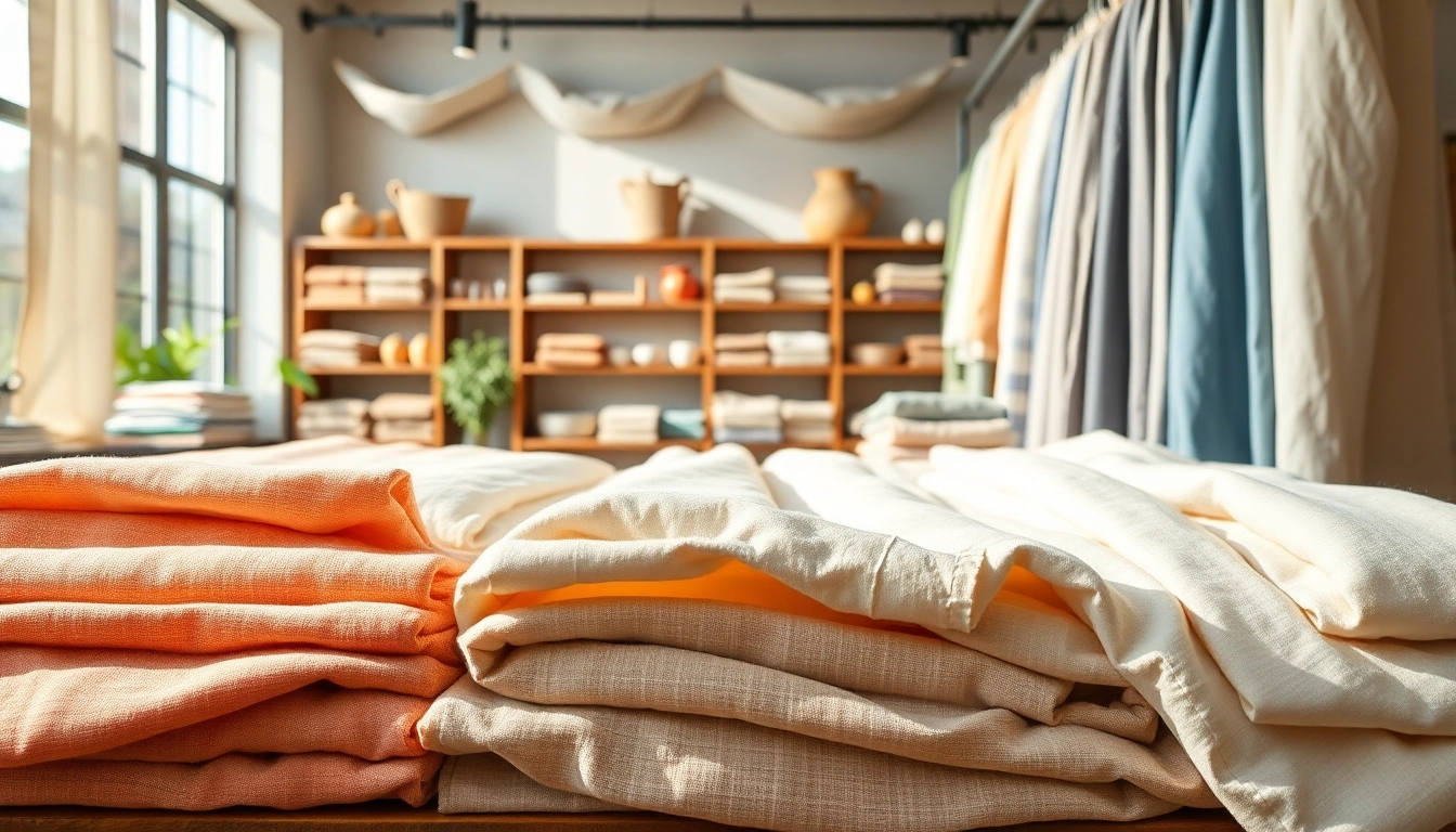 Linnen stoffen in diverse kleuren en texturen, charmant gepresenteerd in een stoffenwinkel.