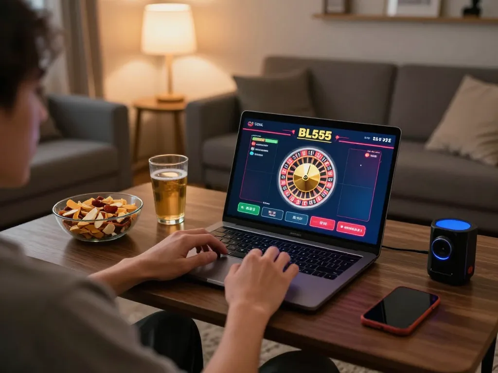Engaging with the online gaming platform trang chủ bl555 from a cozy home setup featuring a roulette game.
