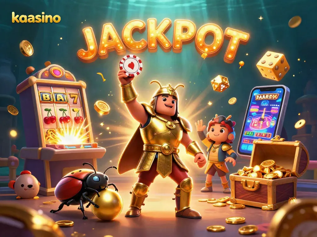 Experience the excitement of kaasino with cartoon characters celebrating big wins, vibrant casino elements, and a jackpot theme.