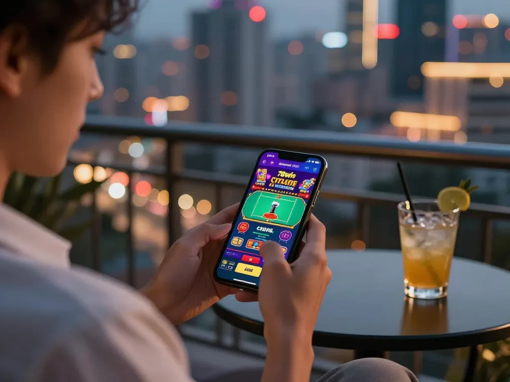 Player interacting with 78win mobile casino app while enjoying a city view.