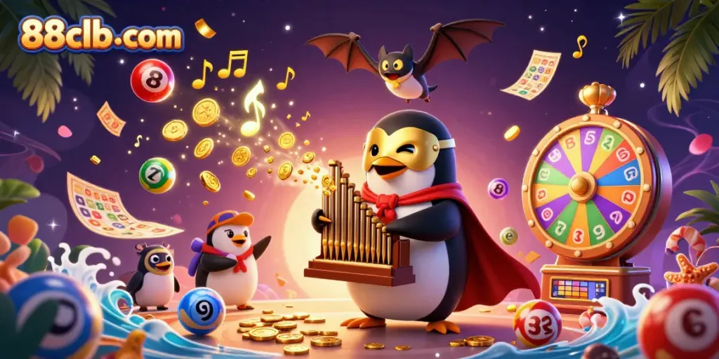 Experience thrilling wins with 88clb-com in this dynamic casino scene featuring vibrant games and characters.