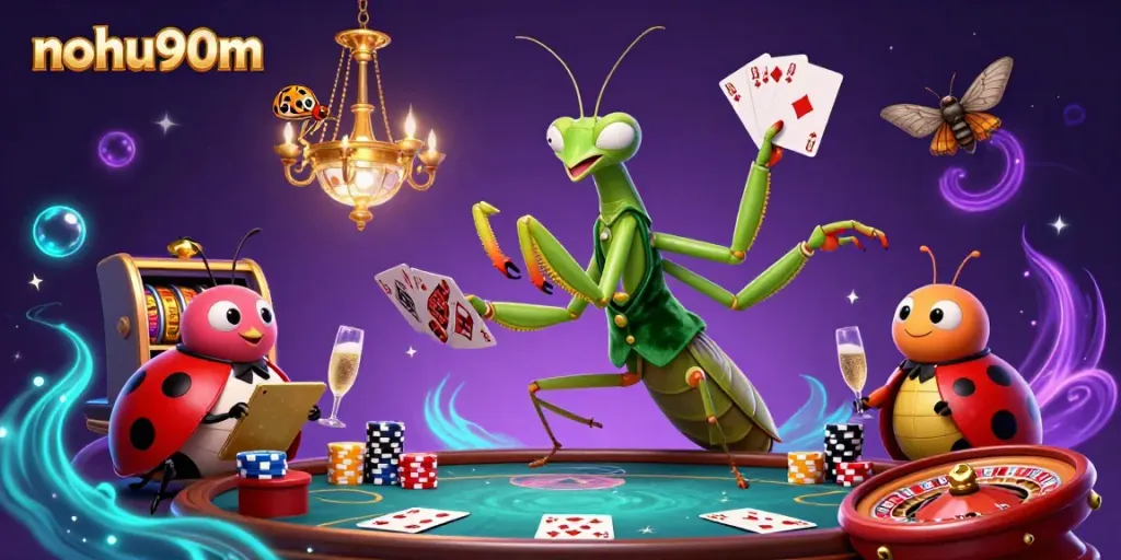 Engage in thrilling gaming at nohu90m with a vibrant illustration of a mantis card sharp and ladybug pit boss.