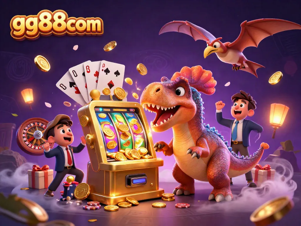 gg88com showcases an entertaining scene of a pachycephalosaurus winning a jackpot at a vibrant casino.
